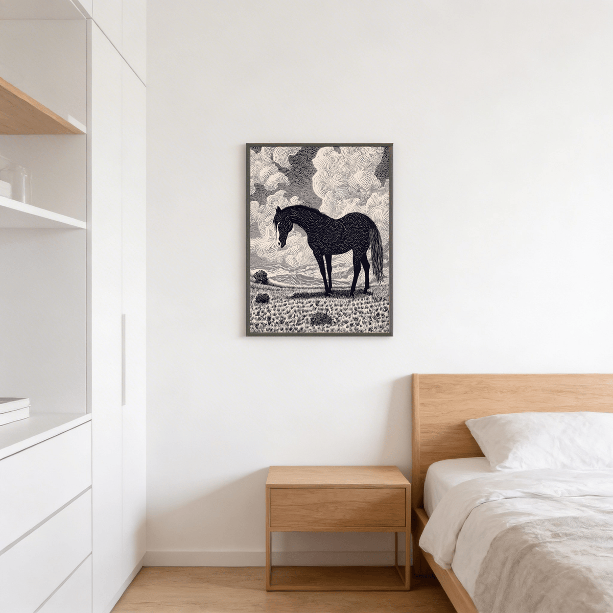 Minimal black and white horse wall poster with textured shading