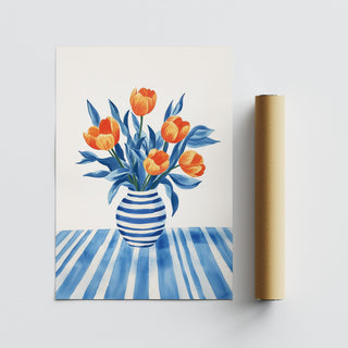 Tulip Wall Art with a modern twist—striped vase and abstract background.
