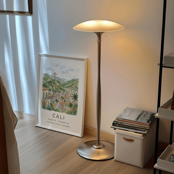 Travel wall art poster of Cali with layered mountains and foreground tropical plants