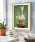 Funny Duck Wall Art poster of a duck standing on a wooden stool with toilet paper on its head