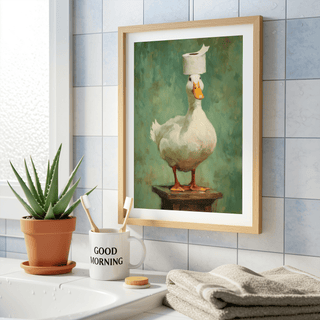 Funny Duck Wall Art poster of a duck standing on a wooden stool with toilet paper on its head