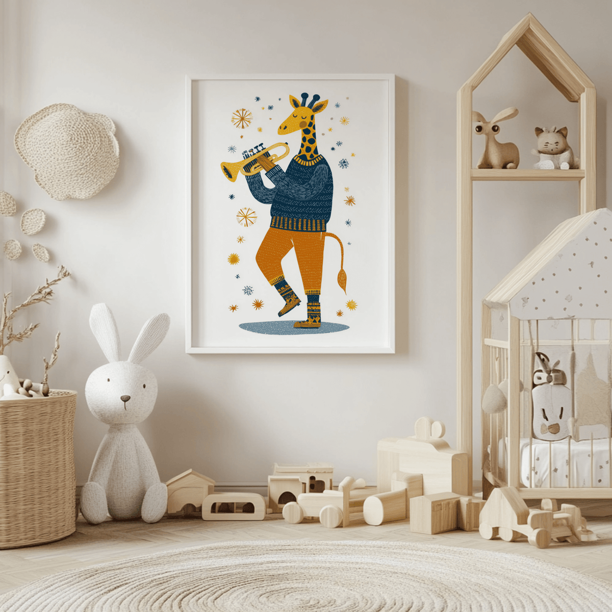 Multicolored Giraffe Music Art Print, wall art for kids’ playroom