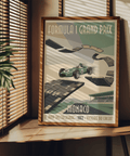 Retro racing poster with “Monaco” text, stylized track curve, and grandstand in background