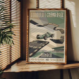 Retro racing poster with “Monaco” text, stylized track curve, and grandstand in background