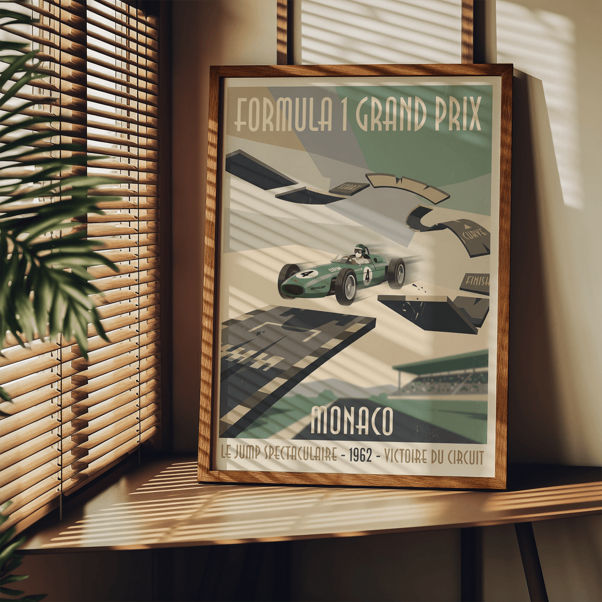 Retro racing poster with “Monaco” text, stylized track curve, and grandstand in background