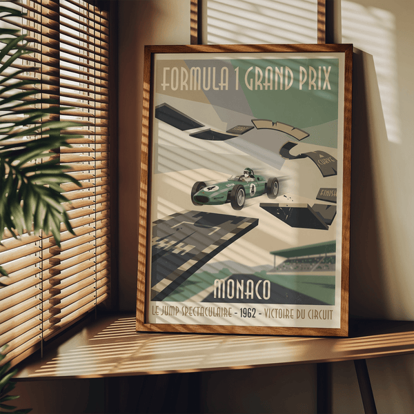 Retro racing poster with “Monaco” text, stylized track curve, and grandstand in background