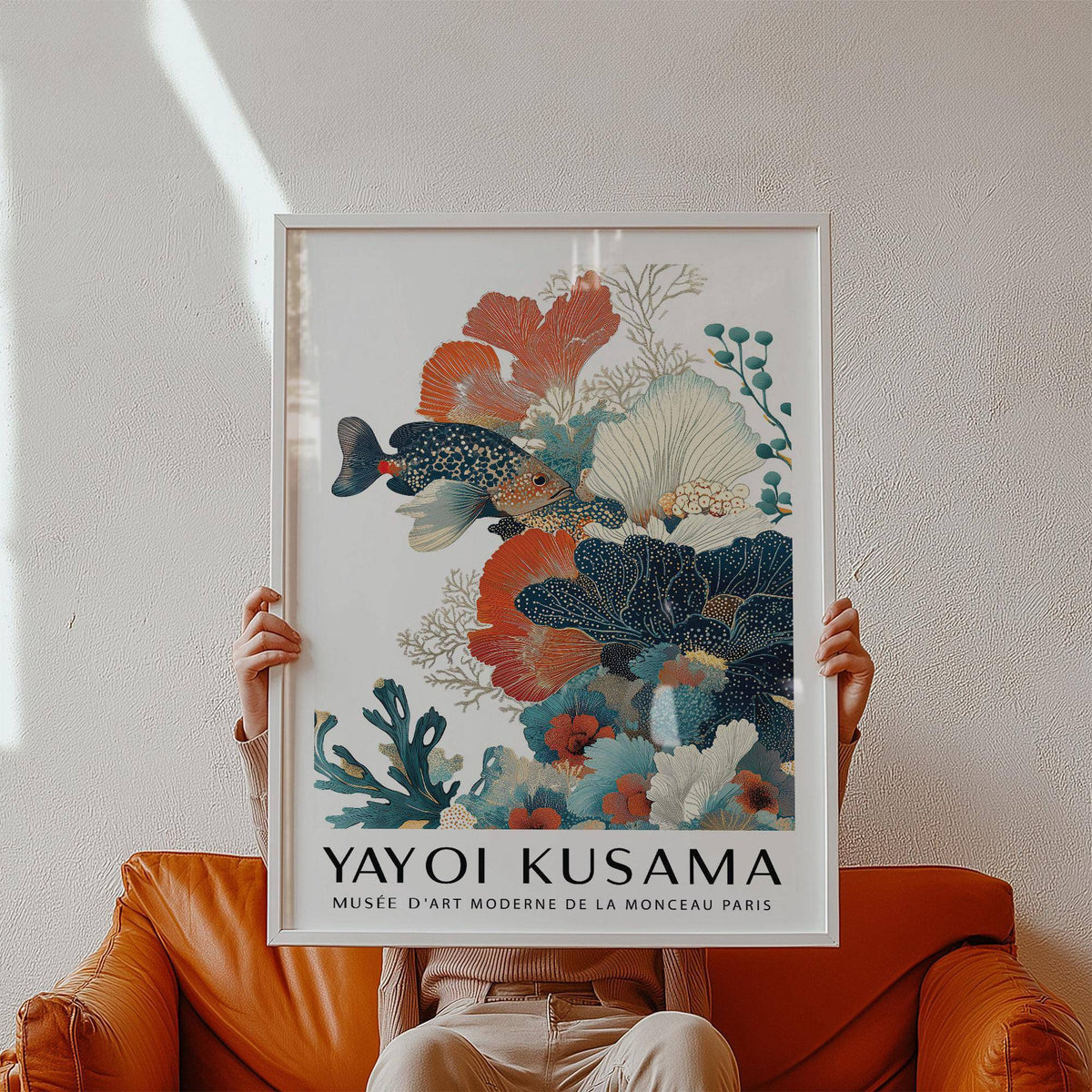 Botanical tropical fish poster for bathroom walls with abstract sea forms