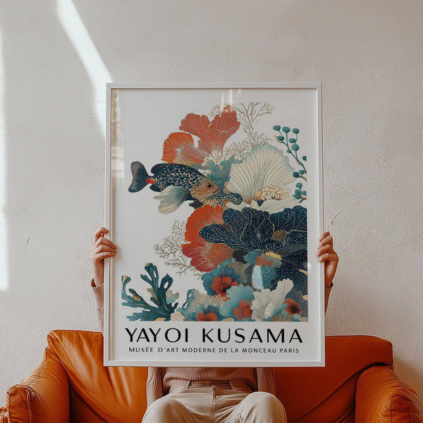 Botanical tropical fish poster for bathroom walls with abstract sea forms