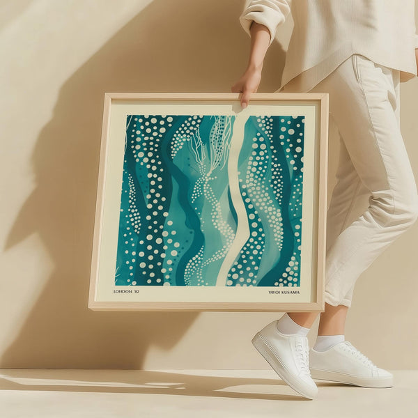 High-quality Kusama Paintings featuring fluid teal designs