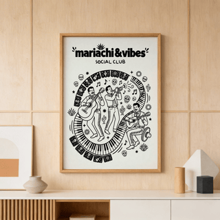 Mariachi Art Print poster showing three musicians framed by skull icons and cacti
