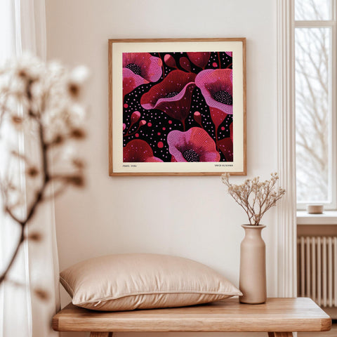 Square art print with intricate red and black flower design.