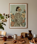 Woman with Flowers art print, stylish green beige, guest room wall art