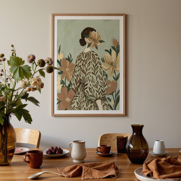 Woman with Flowers art print, stylish green beige, guest room wall art