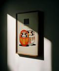 Modern Daruma Doll Print wall art in beige orange yellow for studio