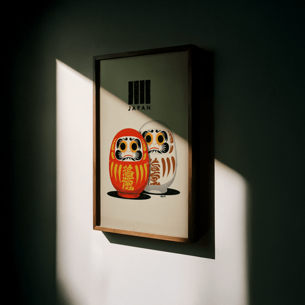 Modern Daruma Doll Print wall art in beige orange yellow for studio