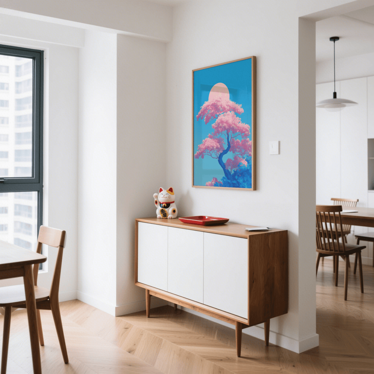Japanese Cherry Blossom Print wall art with pink and blue for stylish hallway