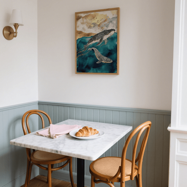 Whale Art Print Blue and Gold ocean art print for bedroom