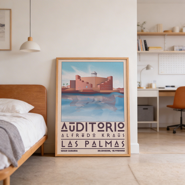 Minimalist auditorium illustration with water reflection and palm trees