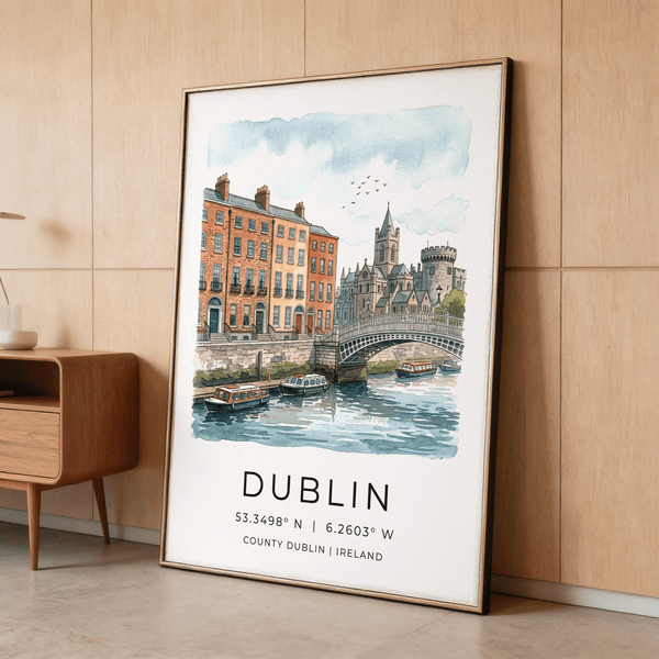 Dublin City Art Print with river boats, iron bridge, and skyline architecture