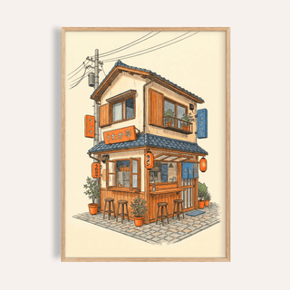 Japanese Restaurant Wall Art with Orange, Blue, and Beige for kitchen poster