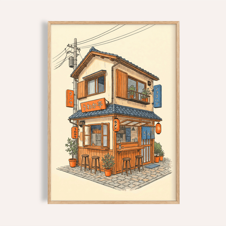 Japanese Restaurant Wall Art with Orange, Blue, and Beige for kitchen poster