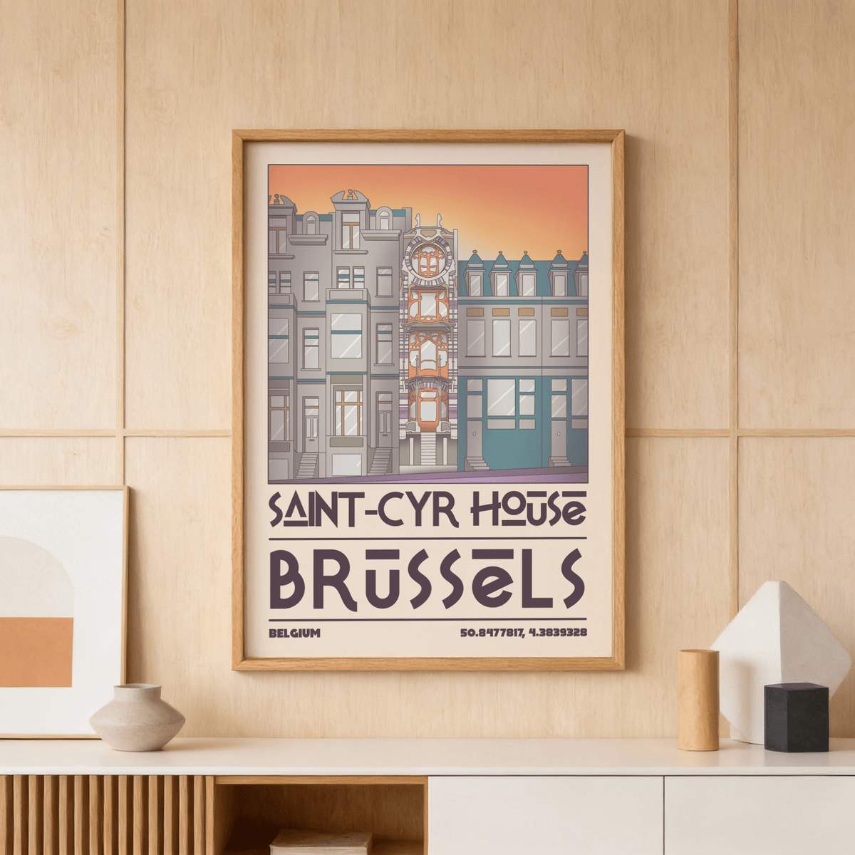 Showcasing Saint Cyr House Poster wall art with Brussels building elevation and bold typographic title