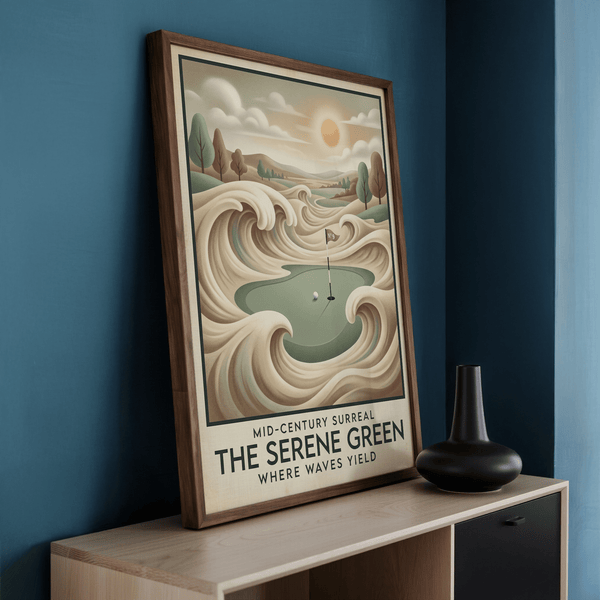 Typographic golf poster with “Mid-Century Surreal” and “The Serene Green” text below the illustration