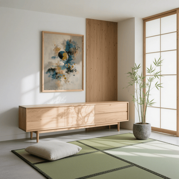 Statement Abstract Blue Gold Wall Art poster with blue, gold, and beige for entryway