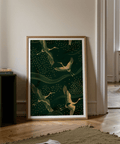 Cranes Gold Art Print detail of fine line feathers and wave ribbons