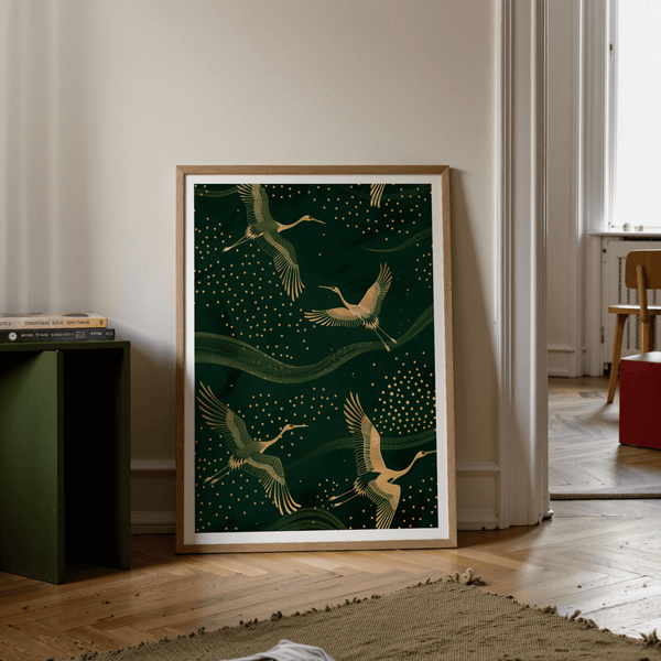 Cranes Gold Art Print detail of fine line feathers and wave ribbons