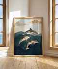 Dolphins Poster in gold and blue perfect for den wall art
