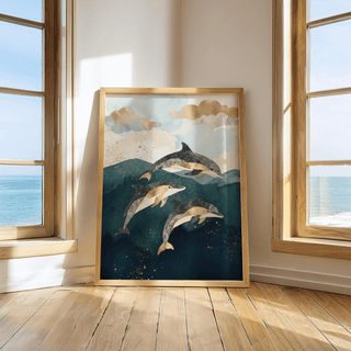Dolphins Poster in gold and blue perfect for den wall art