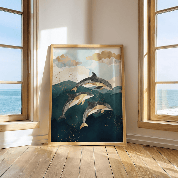 Dolphins Poster in gold and blue perfect for den wall art