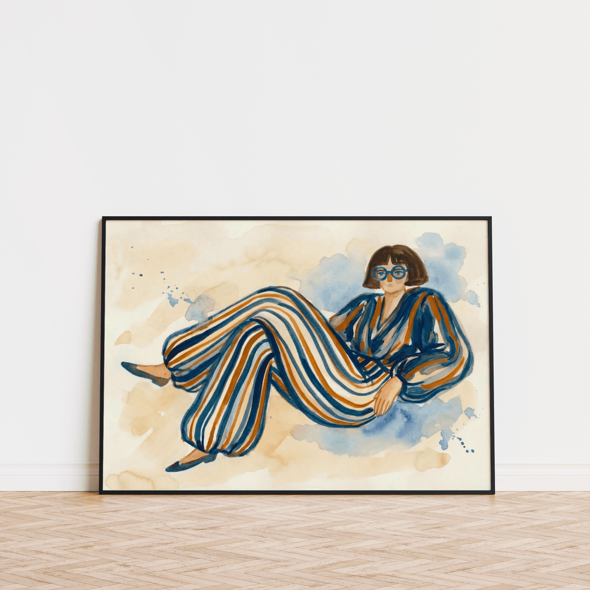 Modern Female Illustration poster with Orange, Blue tones for creative workspace