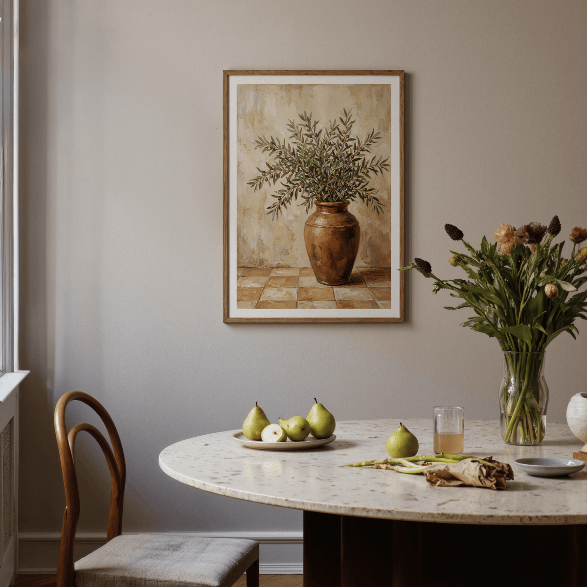 Rustic Olive Art for cozy living room in green, brown, orange, white
