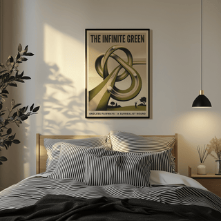 Poster margin detail with bottom text and landscape silhouettes on surreal golf print