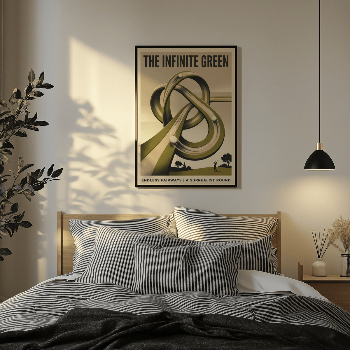 Poster margin detail with bottom text and landscape silhouettes on surreal golf print