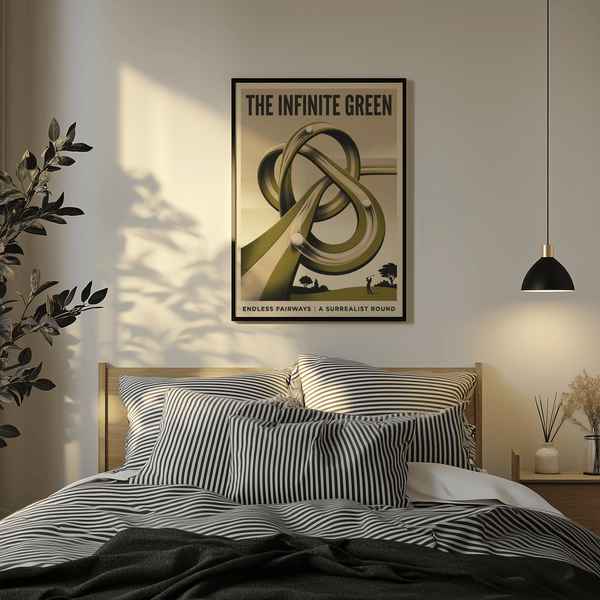 Poster margin detail with bottom text and landscape silhouettes on surreal golf print