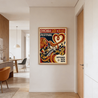 Text-forward concert poster print with Chicago Jazz & Blues Festival headline typography