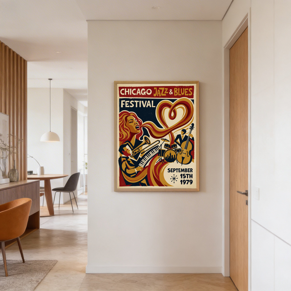 Text-forward concert poster print with Chicago Jazz & Blues Festival headline typography