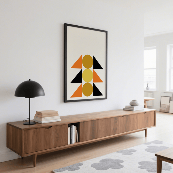 Contemporary Geometric Block Art art print for hallway in Gold Orange Black
