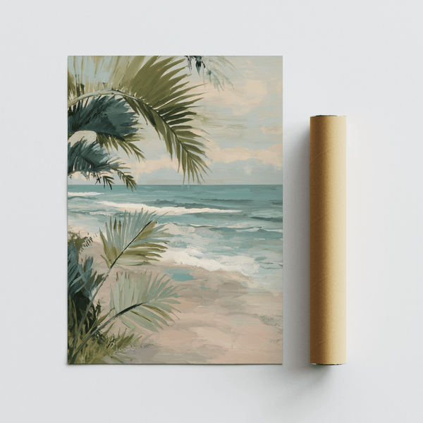 Tropical Beach Art in beige and green, good for sunroom decor