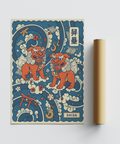 Guardian lion-dogs standing atop layered clouds with collar bells and blossoms