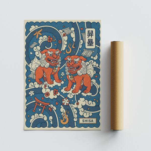 Guardian lion-dogs standing atop layered clouds with collar bells and blossoms