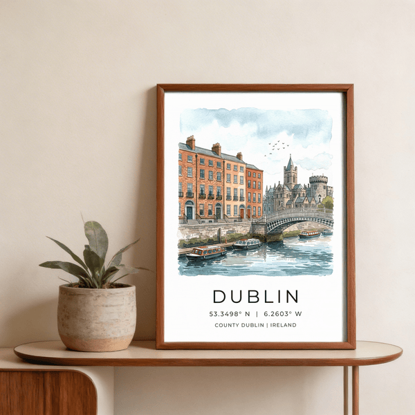 Travel city poster of Dublin with colorful doors, quayside buildings, and water