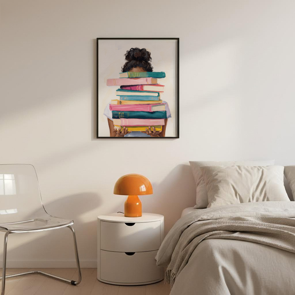 Portrait-style wall art print of a reader partially hidden behind a vertical pile of books, loose watercolor