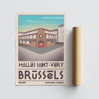 Poster print depicting Halles Saint-Very facade with arches, awnings, and entrance
