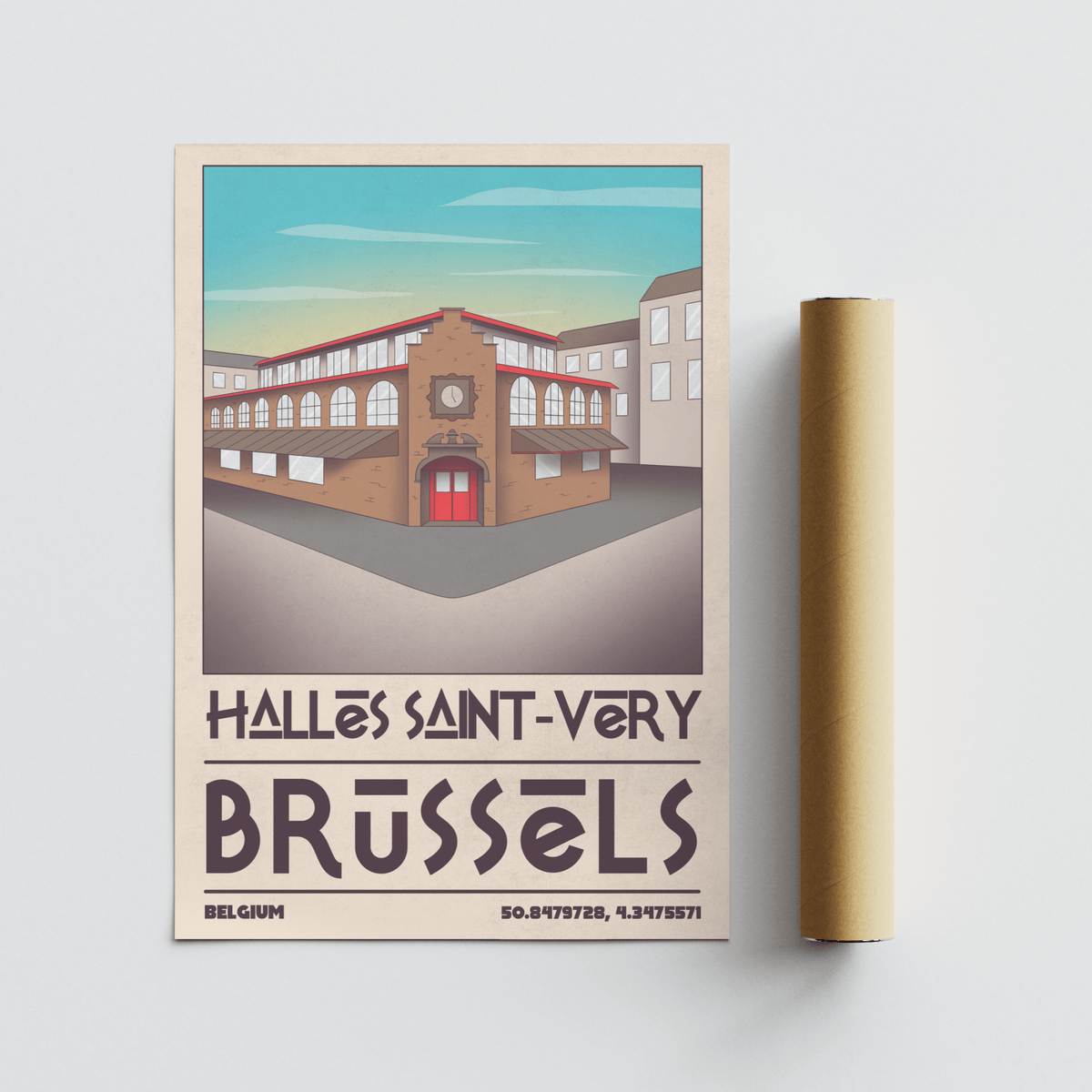 Poster print depicting Halles Saint-Very facade with arches, awnings, and entrance