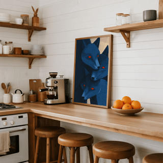 Blue Fox Art Print featuring graphic fox portrait trio and sharp ear shapes