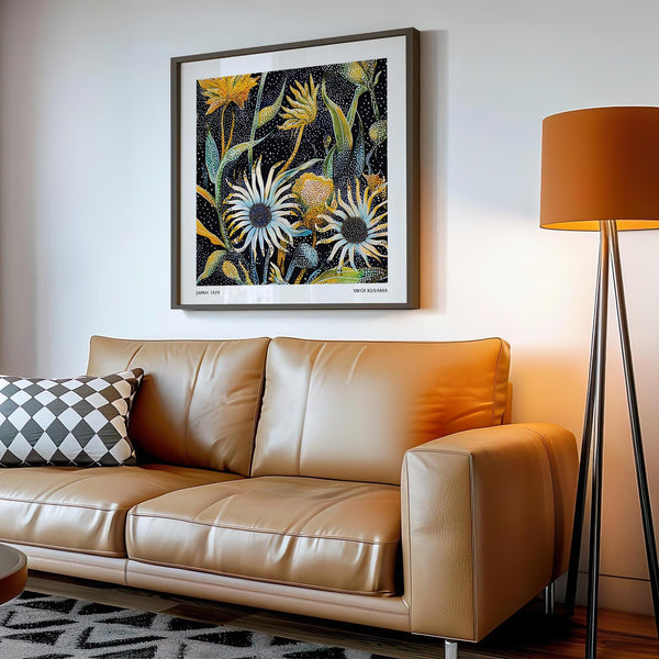 Square floral artwork inspired by Yayoi Kusama with dotted texture and bold blooms.